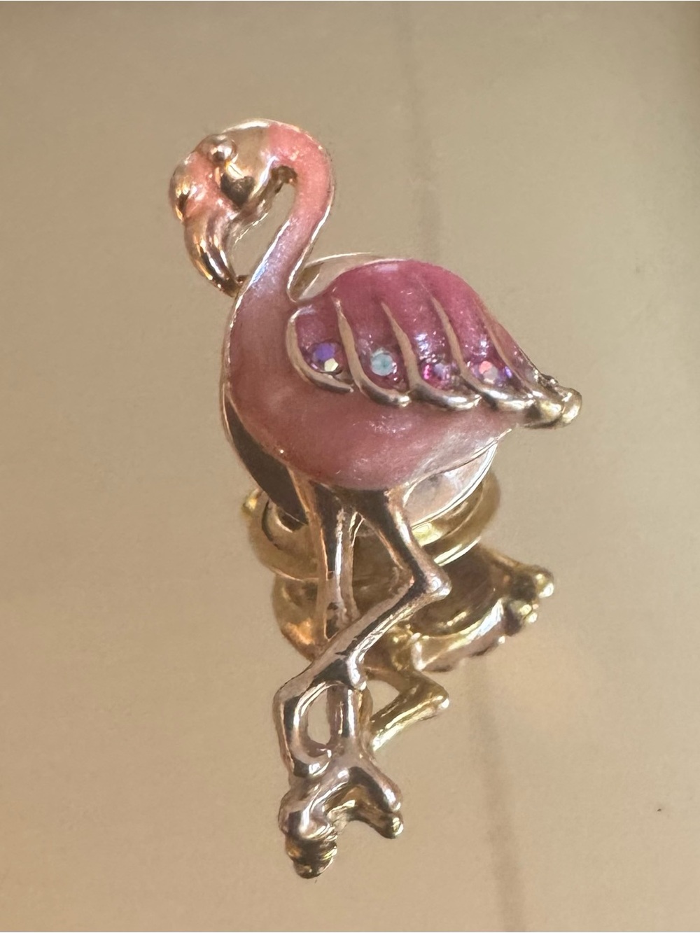 Gold Tone Enamel Pink Flamingo Brooch